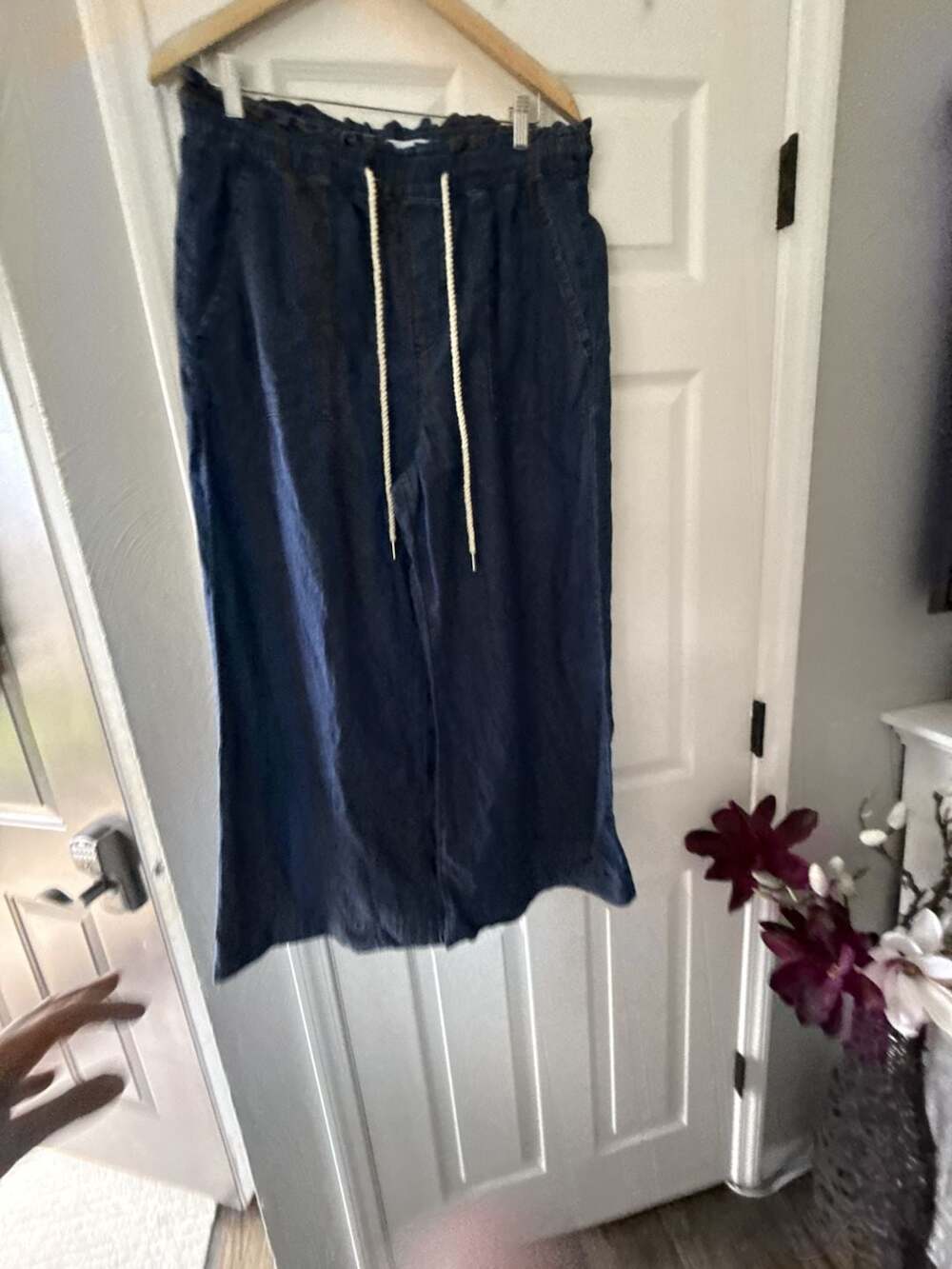 LOFT Wide Leg Pants Size 10 Blue Linen Drawstring Trousers
